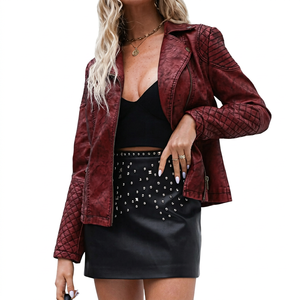 Chaqueta de Moto Acolchada de Piel Sintética para Mujer, Color Sólido, Cuello Camisero, Cierre de Cremallera, Estilo Otoñal, Largo Regular, Manga Larga - Product Image 1