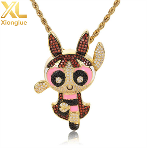 Custom Copper 18K Gold Plated Cartoon Character Pendant Necklace with Micro Paved CZ Charm Powerpuff Girls Bling - Product Image 5