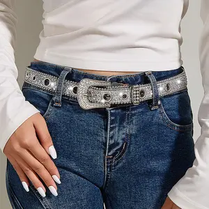 Designer Fashion Lady BlingBling strass fibbia cintura sottile per Jeans Designer Crystal Buckle PU cintura in pelle ragazze