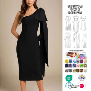 本季热销蝴蝶结修身连衣裙针织晚礼服斜挎裹身女式时尚优雅及膝 - Product Image 1