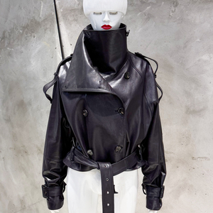 Double Breasted Vintage Black <strong>Jackets</strong> Genuine Sheep Leather <strong>Jacket</strong> Oversized Motor <strong>Women</strong> <strong>Jacket</strong> - Product Image 1