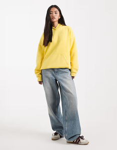 Felpe con Cappuccio da <span class=keywords><strong>Donna</strong></span> 50% Cotone 50% Poliestere Manica Regolare Oversize Premium Peso Pesante in Giallo - Product Image 2