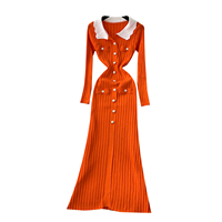 Robe midi élégante en tricot à manches longues pour femme, col contrastant, boutonnée, moulante, pour le printemps et l'automne