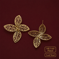 Boucles d'oreilles clous bohèmes en forme de feuille ajourée, plaqué or 14 carats, travail de filigrane complexe, pour la mode féminine, sélection de bijoux assortis au quotidien