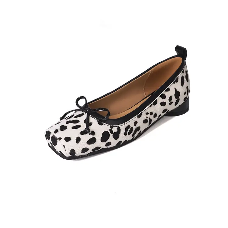 Sapatos baixos femininos de verão personalizados para bailarina, bico quadrado vintage com estampa de leopardo, cabelos de cavalo, sapatos baixos para mulheres