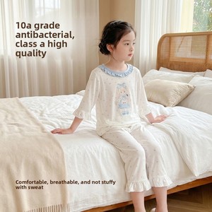 Pijamas de Verano Antibacterianos Estampados para Niñas, Conjunto de Tres Cuartos de Manga para Bebés, con Encaje, para el Hogar - Product Image 2
