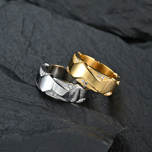 Geometric <b>Titanium</b> Steel <b>Rings</b> Gold Plated Diamond Encrusted For Couples Wedding Engagement Unisex Fine Jewelry - Product Image 1