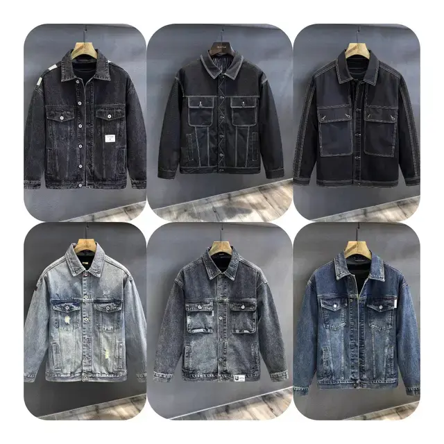 OEM jaket Denim kasual pria, jaket jins Denim berkancing, jaket Denim kasual musim gugur untuk pria