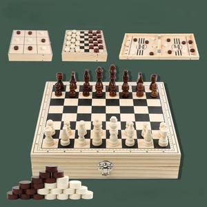 Jeu de société pliable International Chess Checkers Tic-Tac-Toe dans un ensemble en bois avec emballage de boîte en bois pratique - Product Image 1