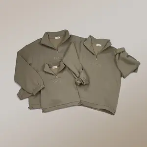 Französisches Terry-Halbreißverschluss-Revers-Sweatshirt-Set Fleece Baumwolle Jogginganzug Mommy und Ich Outfits Familie passende Kleidungssets