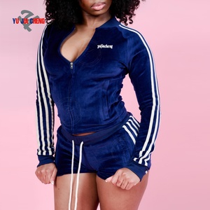 Workout Clothes for <strong>Women</strong> <strong>Jacket</strong> <strong>Velvet</strong> Tracksuits Custom Logo Velour Outfits Two Piece Zip up Striped <strong>Jacket</strong> and Shorts Set - Product Image 2