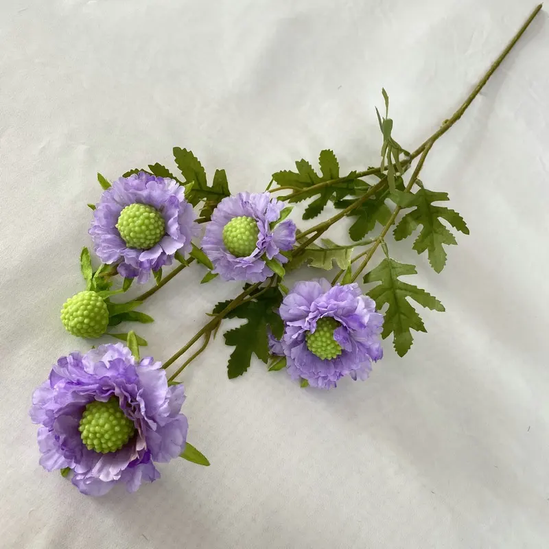 Scabiosa ประดิษฐ์4หัววัสดุดอกไม้ปลอมสำหรับตกแต่งงานแต่งงานดีไซน์ใหม่