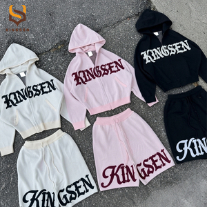 Wholesale Custom <b>Gothic</b> Letter Print Zip Up <b>Hoodie</b> And Shorts Set Casual Oversized Two Piece Outfit Streetwear Tracksuit - Product Image 1