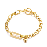Pulsera de Cadena Mixta Chapada en Oro Real de 18K con Eslabones Ovalados de Acero Inoxidable, Cadena Cubana y Dije de Corazón con Cierre T/O