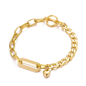 Bracelet en acier inoxydable plaqué or 18 carats PVD véritable, avec maillons mixtes, chaîne cubaine à maillons ovales, breloque cœur et fermoir T/O - Product Image 1