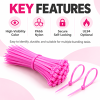 Attaches zippées en plastique rose UL94V-2 ignifuges 200-300 mm, multi-usages, pour identification industrielle et gestion des câbles, autobloquantes