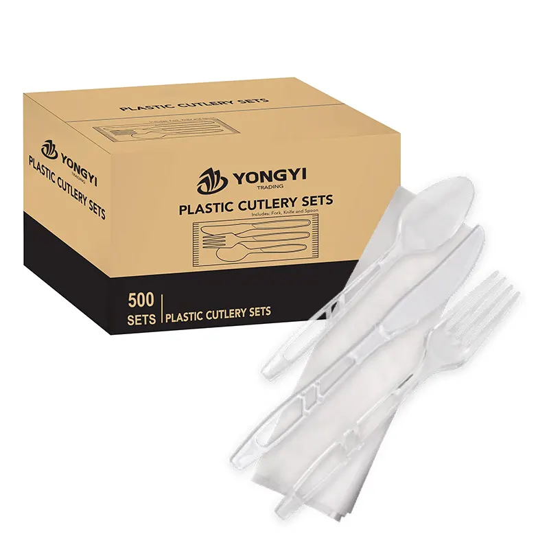 Offre Spéciale couverts jetables ensembles de couverts cuillères fourchettes et couteaux en plastique serviette PS couverts en plastique