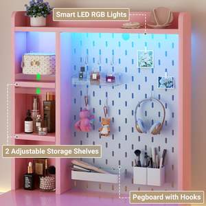 โต๊ะเครื่องแป้งสไตล์บ้านไร่พร้อมไฟ LED โต๊ะแต่งหน้าขนาดเล็กพร้อมตู้เก็บของและลิ้นชัก โต๊ะเครื่องแป้งสำหรับห้องนอน - Product Image 4