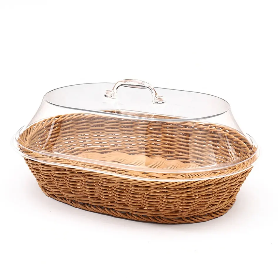 Small Fruit PP Rattan Rectangular Storage Baskets Kitchen Food Bread Weave Plastic Woven Basket With Lid Plastic Serving Tray