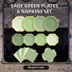 Solución de Vajilla Verde Salvia - Platos y Servilletas con Borde Dorado OEM para Marcas de Bodas - Proveedor de Soluciones para Eventos - Product Image 2
