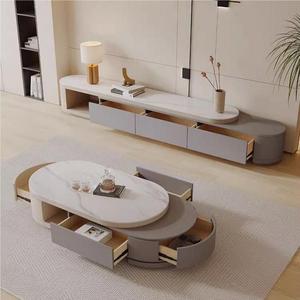 Mesa de centro de panel de roca simple moderna telescópica ovalada de viento crema italiana, mueble de TV, mesa de centro de combinación de sala de estar pequeña - Product Image 4