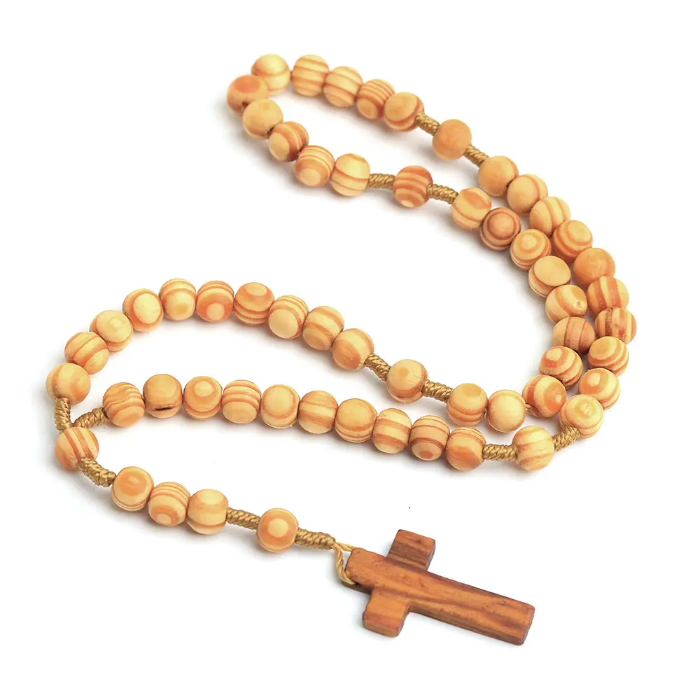 Wooden Cross Charm Necklace Christian Jewelry Religious Jesus Image Necklace Wood Beads Jewelry