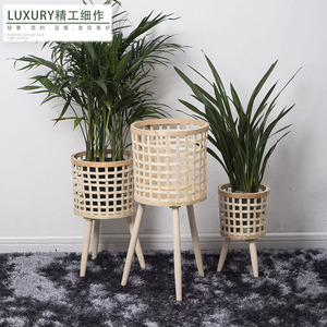 Handmade Woven Flower Pots Nordic Style Circular Floor Standing Indoor Wooden Planters Breathable Light Transmitting - Product Image 1