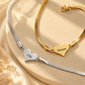 Stainless Steel Flat Snake Chain Bracelet <b>Custom</b> Engraved Rectangle Heart Star <b>Name</b> Plate Couple DIY Personalized <b>Name</b> Bangle - Product Image 4