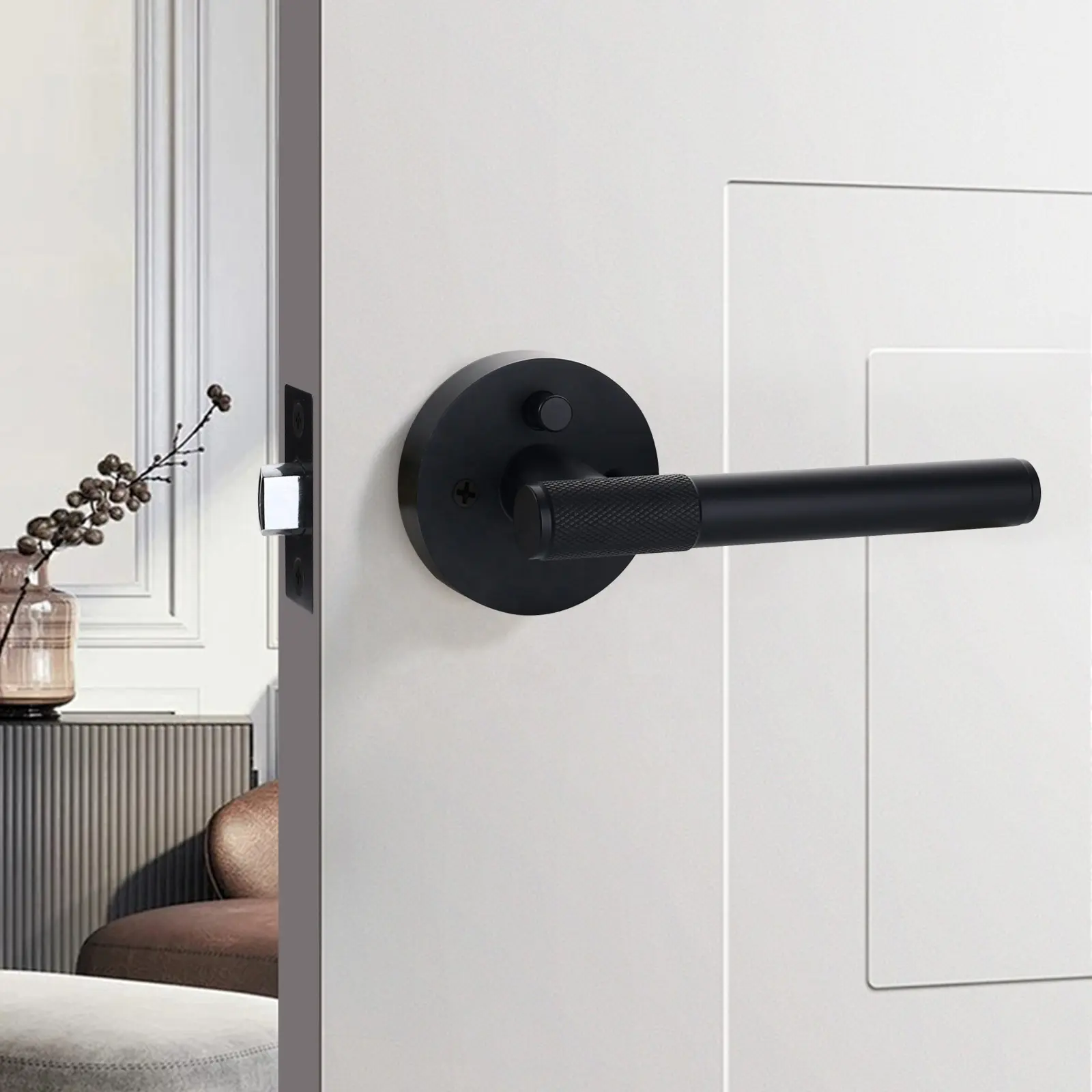 Set di maniglie per porte d'ingresso in nero opaco con serratura per Privacy, Set di serratura moderna in ottone con maniglia zigrinato