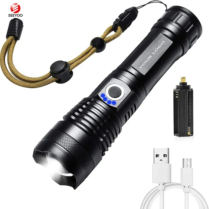 Customized Logo High Power Lampe Torche Zoomable Tactical Flash Light Xhp50 LED Rechargeable Flashlights Torches