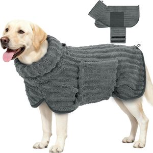 Peignoir pour animaux de compagnie en polaire corail 360 GSM, doux, épais et rayé, absorbant l'eau, avec ceinture ajustable pour le bain et le toilettage des chiens - Product Image 2