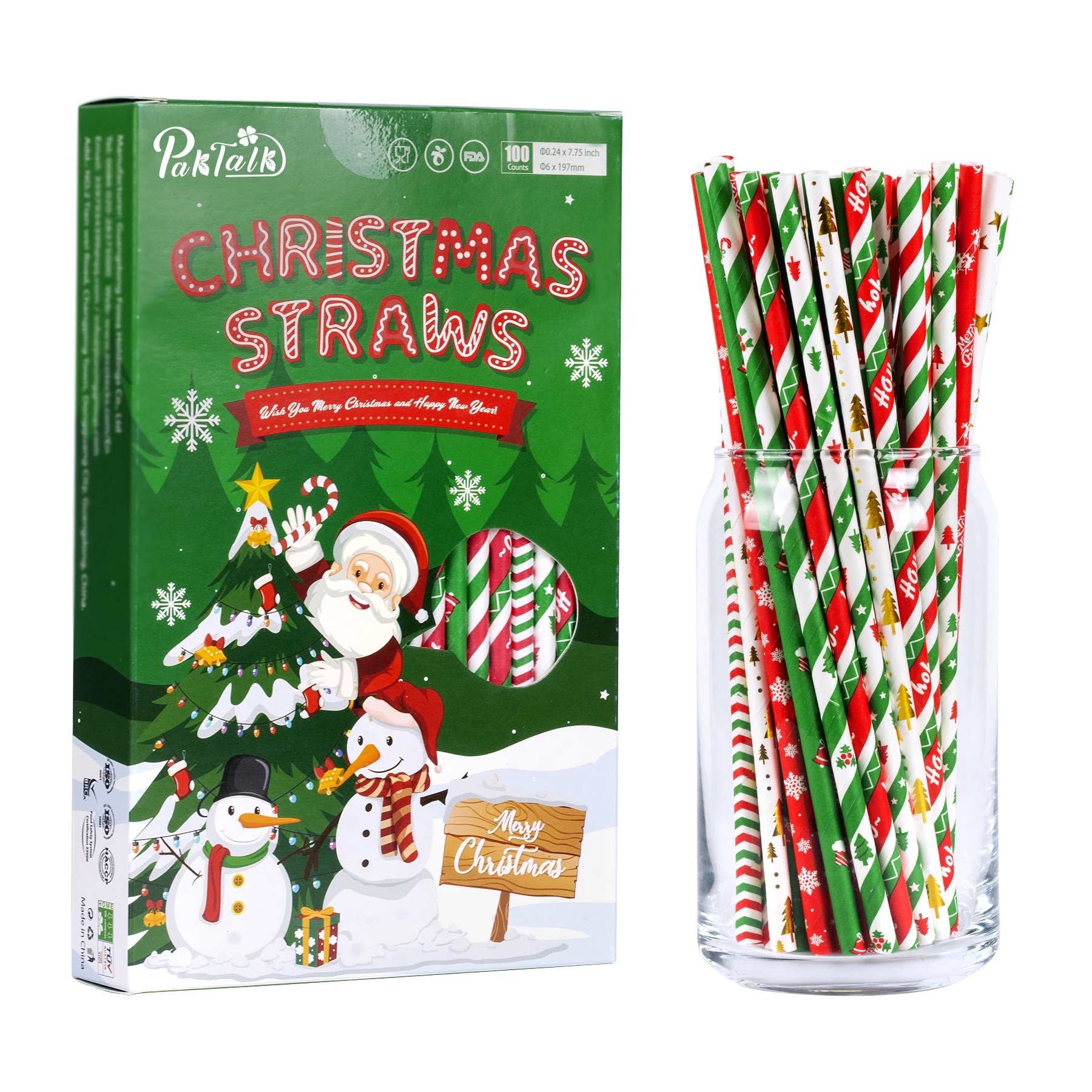 6*196mm Striped Wave Christmas Tree Snowflake Santa Claus Design Paper Drinking Straw for Christmas Party Decorations