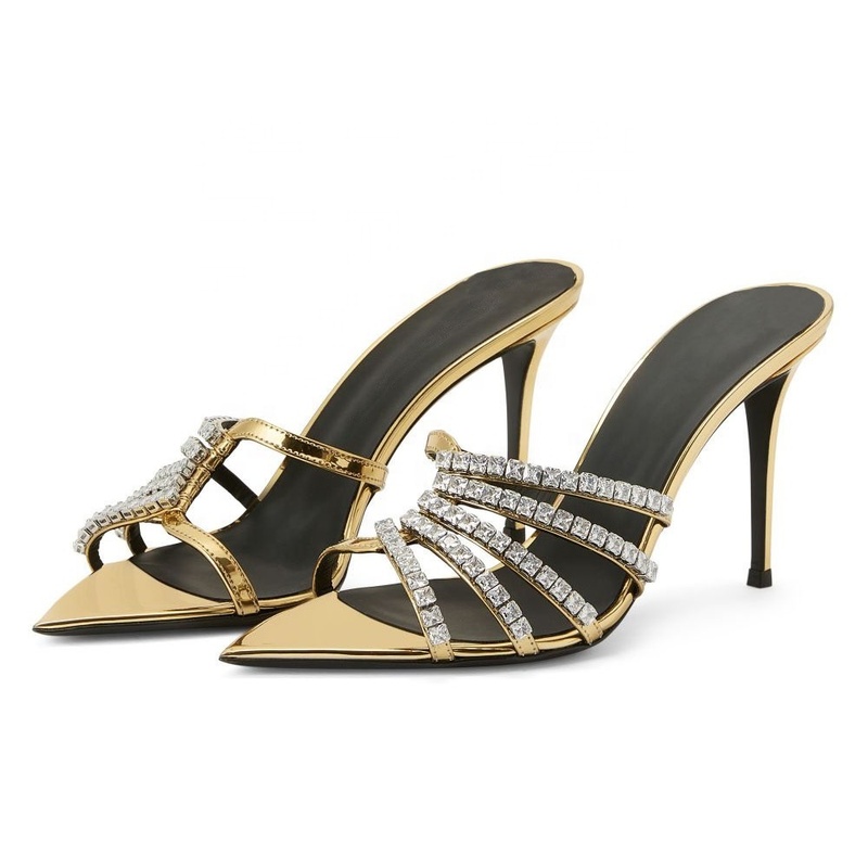 Black Gold Metallic Mules With Rhinestones