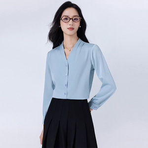 Women's Blue Long Sleeve Shirt Solid Color Polyester Workwear Formal Uniform - Product Image 1
