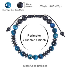 Pulsera de código <span class=keywords><strong>Morse</strong></span> hecha a mano, cuerda trenzada con <span class=keywords><strong>letras</strong></span> de 8mm, Ojo de Tigre azul Natural, pulsera magnética negra - Product Image 5