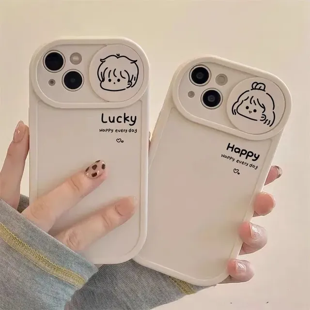 Slide Camera Lens Protection Case for 14 Pro Max 11 12 13 Cute Cartoon Girl Boy Silicone Back Cover for iphone Xr Xs X 7 Plus 8