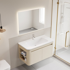 Meuble-lavabo mural moderne avec vasque en céramique, miroir intelligent, tiroirs double couche, design écologique pour villa - Product Image 4