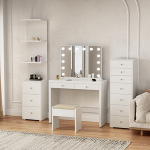 Comò Moderno Bianco con Luci LED e Specchio Regolabile, Tavolo da Trucco Resistente per Camera da Letto e Hotel - Vendita all'Ingrosso - Product Image 1