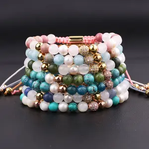 New Design Women Jewelry Bracelet Natural Stone Apatite Mix Freshwater Pearl Gemstone Custom Logo Macrame Beads Bracelet