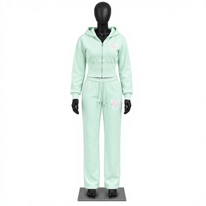 Conjunto de Sudadera y Pantalones Casuales de Invierno para Mujer, Color Verde Menta, con Capucha, Cierre Frontal con Cremallera, Manga Larga, Corte Holgado - Product Image 1