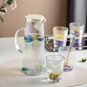 Glass Water Pitcher with Natural Bamboo Wood Lid Kettle, Iced Juice Teapot