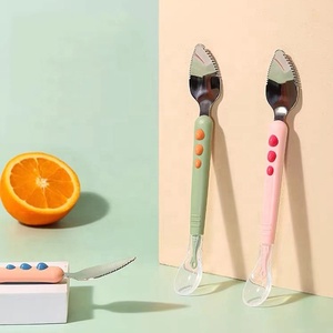 Vente en gros de cuillère à fruits à double tête pour aliments pour bébés cuillère à gratter la <span class=keywords><strong>boue</strong></span> des fruits en acier inoxydable en silicone pour nourrissons - Product Image 1