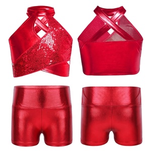 Girls Two Piece Dance Outfit Halter <b>Crop</b> <b>Top</b> <b>Sequin</b> Metallic Crisscross High Waist Shorts Sets Cheer Gymnastics Costume Custom - Product Image 3