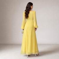 Robe longue élégante et romantique pour femme, en mousseline de soie unie, col carré, coupe trapèze, taille naturelle, froncée, avec empiècements en maille et manches lanternes