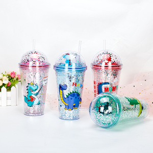 GZYSL RTS Cangkir Minum Anak Lapisan Ganda, Boneka Dinosaurus Lucu Glitter 16OZ Cangkir Tumbler Plastik dengan Tutup Kubah dan Sedotan - Product Image 2