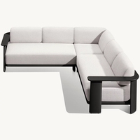 Canapé d'extérieur modulaire RH Dune Teak en forme de L, avec coussins en tissu crème sur structure en teck massif, ensemble de patio moderne