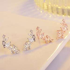 Pendientes de mariposa en oro rosa con cristales de imitación para mujer, joyería de moda romántica para fiesta, engaste de aleación con punta - Product Image 5