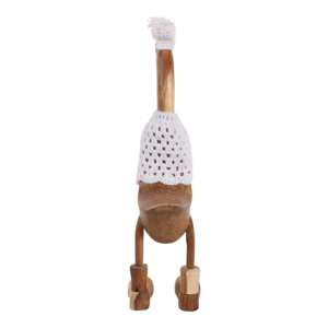 Statuetta di anatra in legno di teak con cappello lavorato a maglia e stivali per decorazioni domestiche - Product Image 6