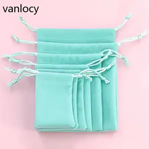 Vanlogy优雅经典蓝色柔软天鹅绒首饰包，带拉绳，用于珠宝包装定制尺寸标志