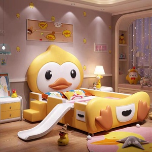 เตียงเด็กเล็กการ์ตูนเป็ดเหลืองสุดหรูทันสมัย โครงไม้สนแท้ หุ้มหนัง พร้อมราวกั้น หลายขนาด สำหรับห้องนอน - Product Image 1